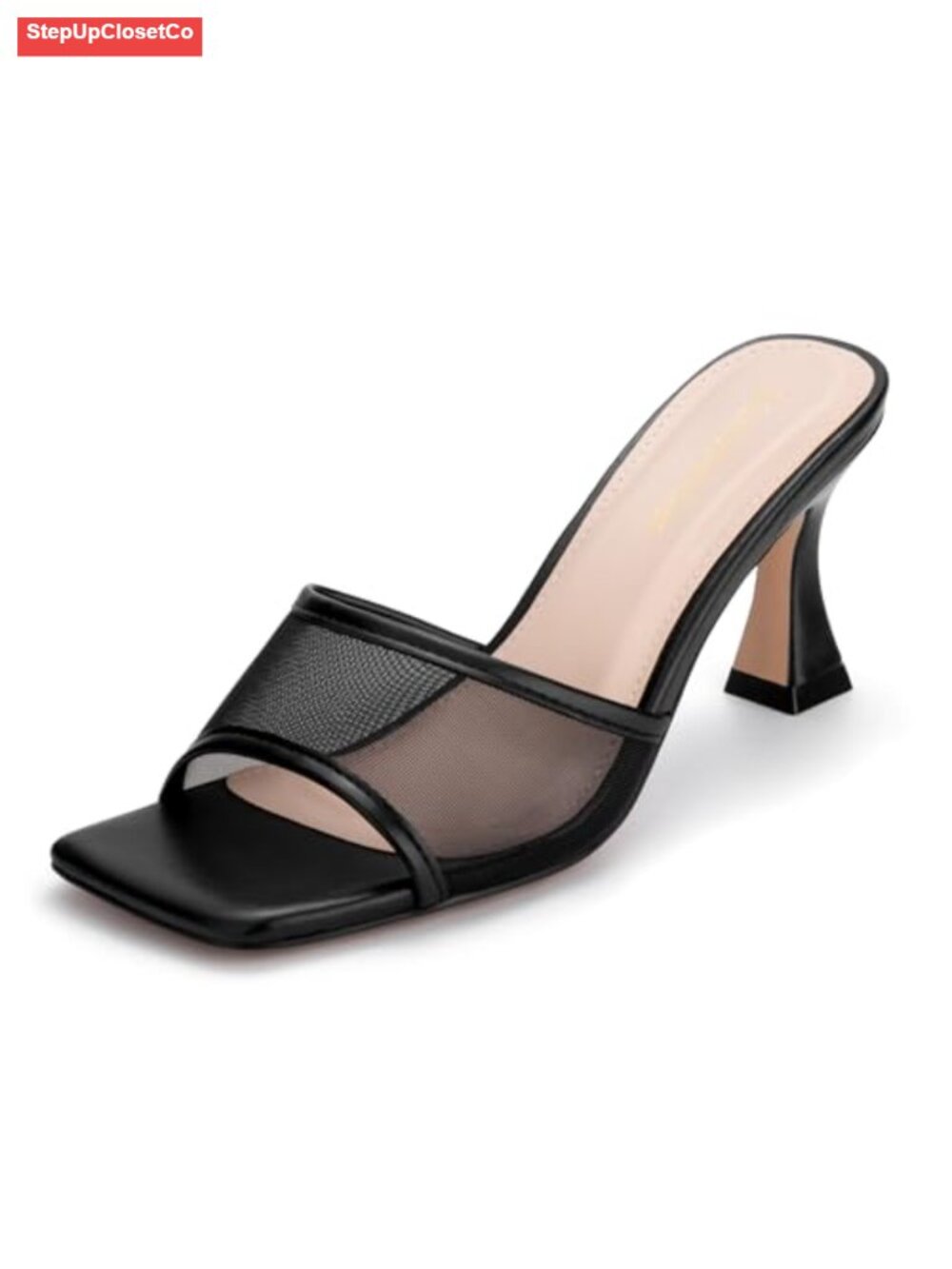 Kitten Heeled Sandals Square Open Toe Mesh Slip On Heels Party Dress Shoes